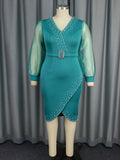 V neck Puff Sleeve High Waist Dress See through Sleeve Midi Dress