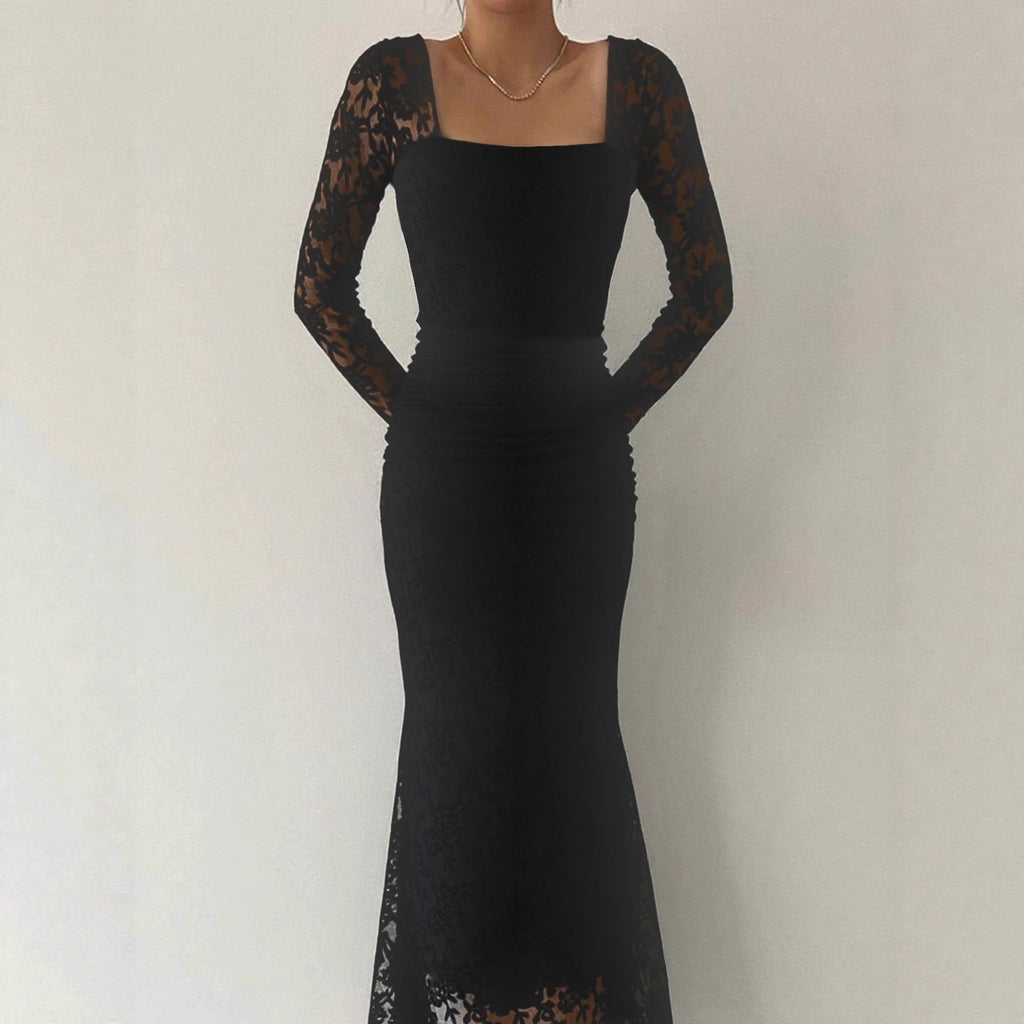 Herbst Winter Damenbekleidung Modisches Elegantes Spitzen-Patchwork-Kleid mit eckigem Kragen, figurbetont und plissiert, Maxi-Kleid