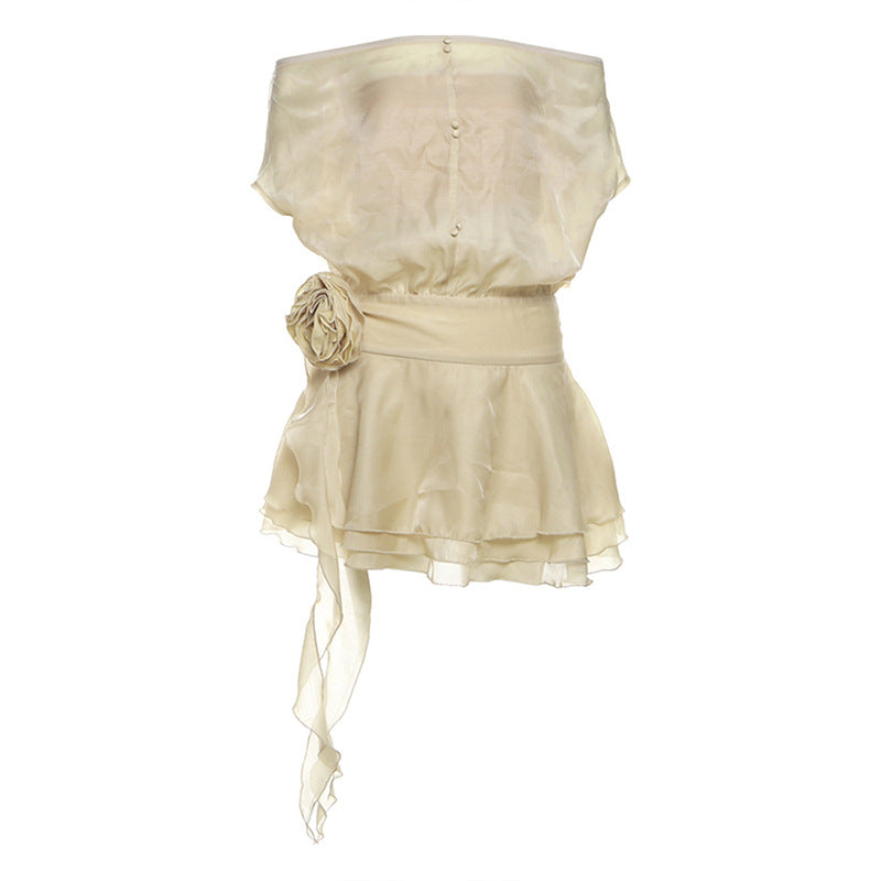 Herbst Damenbekleidung Netzgarn Blumenmuster Eng tailliert Sexy rückenfrei schulterfreies kurzes Kleid