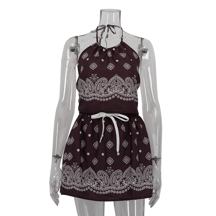 Ensemble deux pièces sexy pour femme, jupe courte taille haute et top dos nu à nouer, imprimé numérique vintage
