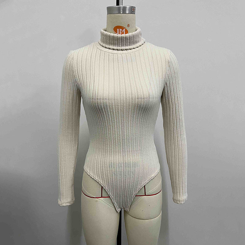 Combinaison moulante à col roulé et manches longues en tricot pour femme