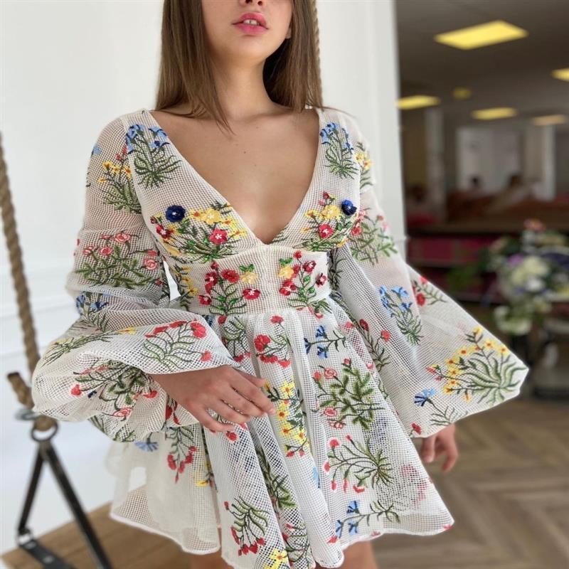 Robe Féerique d'été pour Femme, en Maille Brodée, Manches Lanterne, Robe de Soirée d'Anniversaire