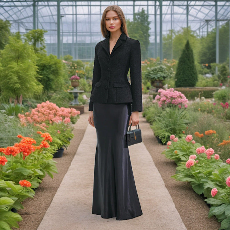 Französisches zweiteiliges Set Herbst, taillenschlank, einreihig, langärmelig, elegantes Rockset für Damen