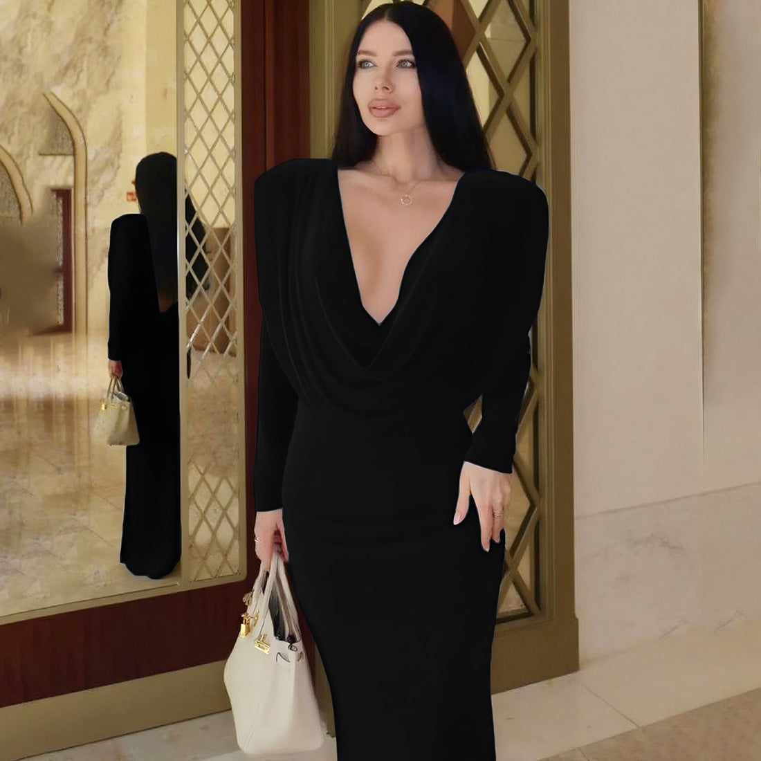 Robe longue plissée à manches longues unie, col décontracté, dos nu, coupe ajustée, pour femme, collection automne