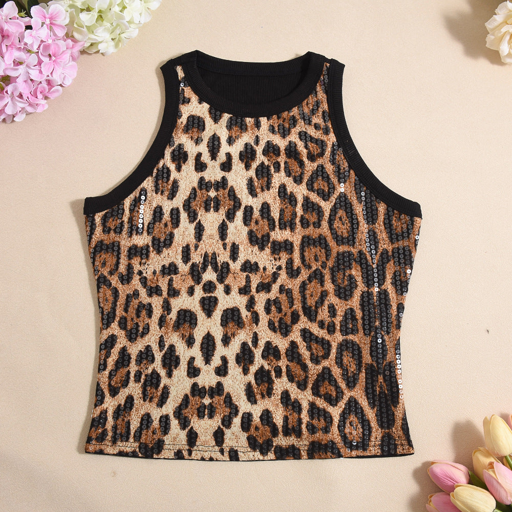 Gilet Femme Paillettes Imprimé Léopard Sexy Court Crop Top Tenue Assortie Couleur Sans Manches