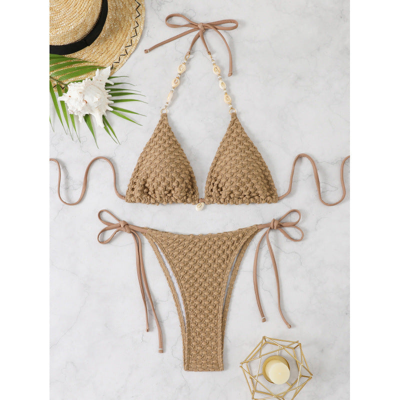 Einfarbiger geteilter Badeanzug Bikini hochwertig rückenfrei tiefer V-Ausschnitt sexy Wind-Trägerdesign Dreipunkt