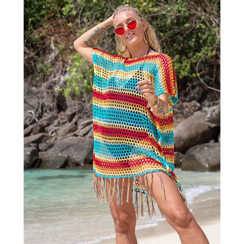 Gestrickte Farbstreifen Quaste Strandkleid Sexy Hohl Ausschnitt Strand Sonnenschutz Kleidung Strand Vertuschung Häkeln