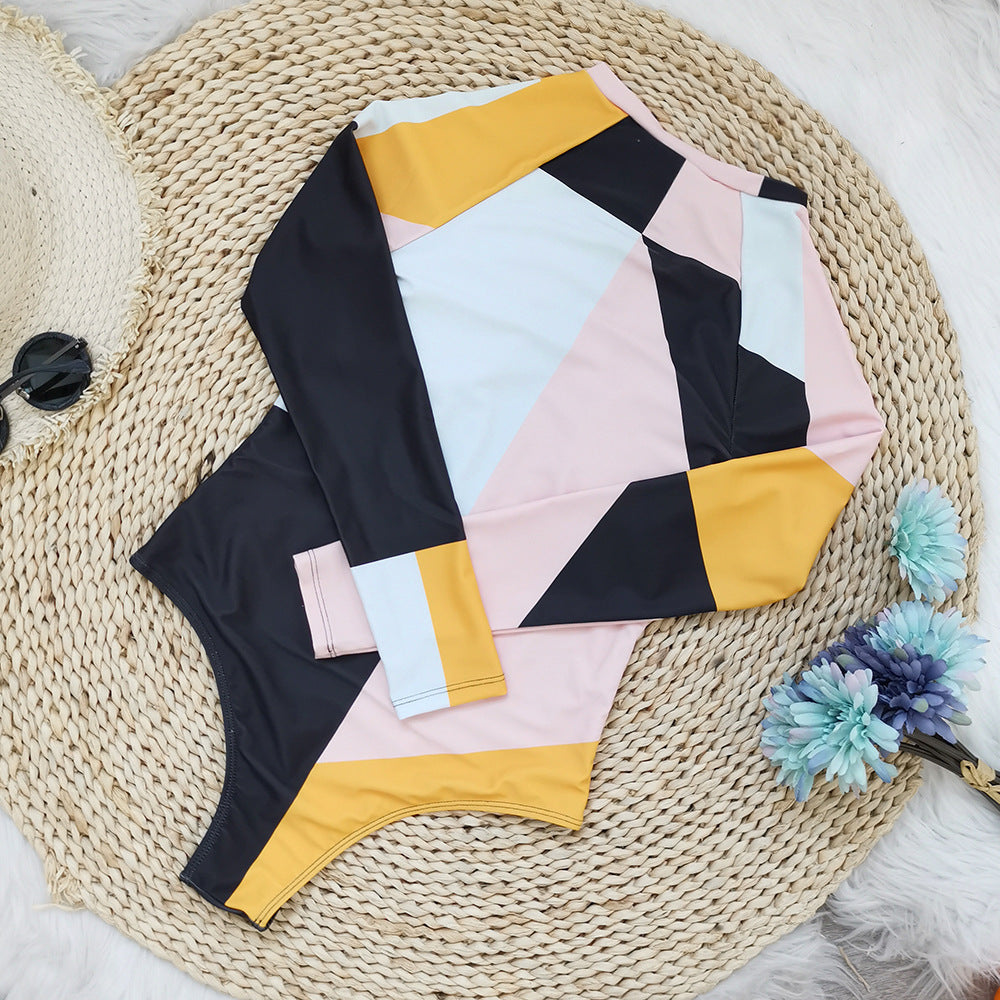 Maillot de bain une pièce à manches longues pour femme, combinaison de surf intégrée à fermeture éclair en mosaïque multicolore