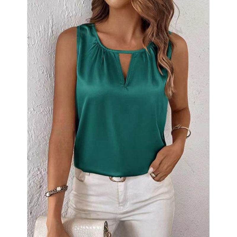 Damenbekleidung Sommer Satin Plissee T-Shirt Satin Weste Cut-Out Ärmelloses Top