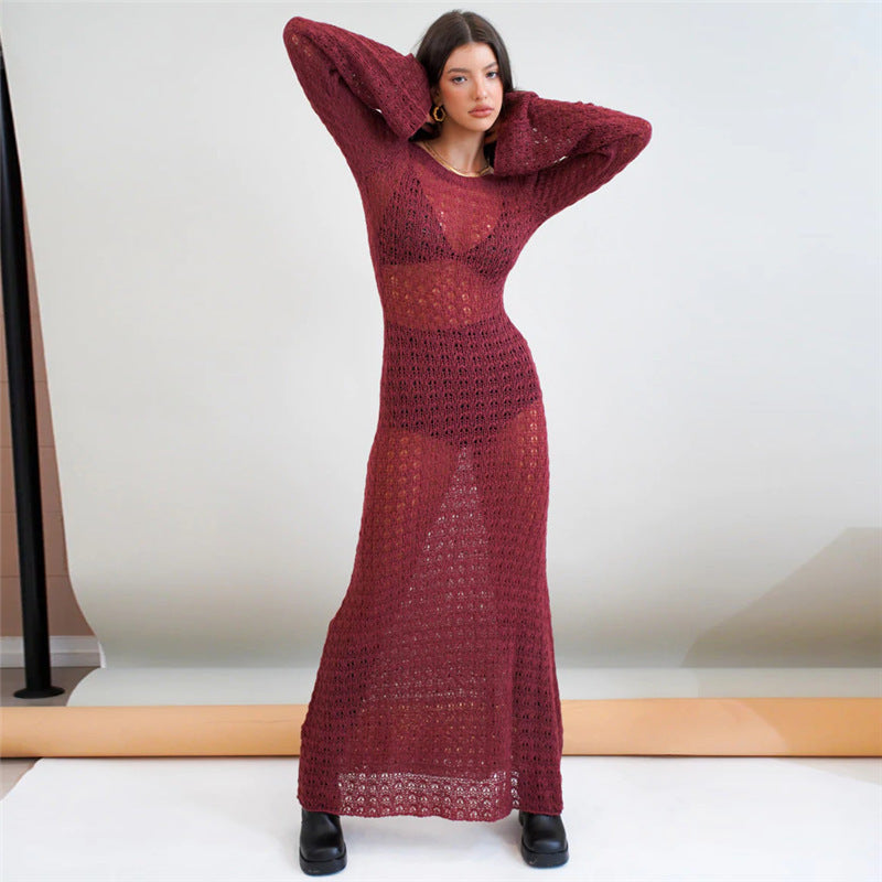 Sexy rückenfreies Strickkleid mit hohlen Cut-Outs, durchsichtigem Fischnetz, langen Ärmeln, Sommer-Sonnenschutz, Strandkleid für Damen