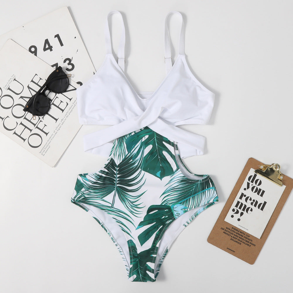Einteiliger blattförmiger Badeanzug für Damen mit floraler Farbabstimmung, geschnürter, sexy Dreiecks-Bikini