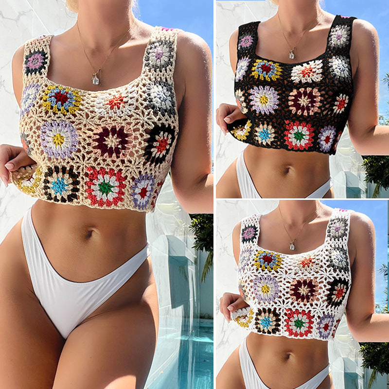 Handhaken Blumenmuster Block Gestricktes Neckholder Damen Sexy Strand Bademode Urlaub Bikini Kleiner Neckholder Häkelnadel