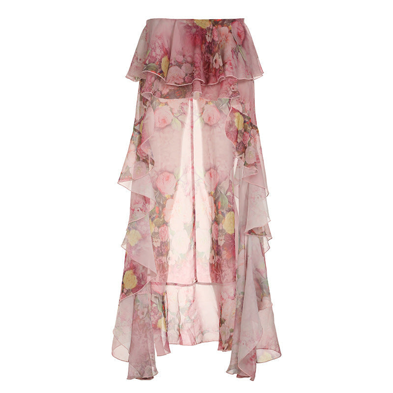 Sexy Urlaubsromantisches Blumendruck-Rüschenrock-Kleid, sexy unregelmäßig, asymmetrisch, schleppend, mit Futter