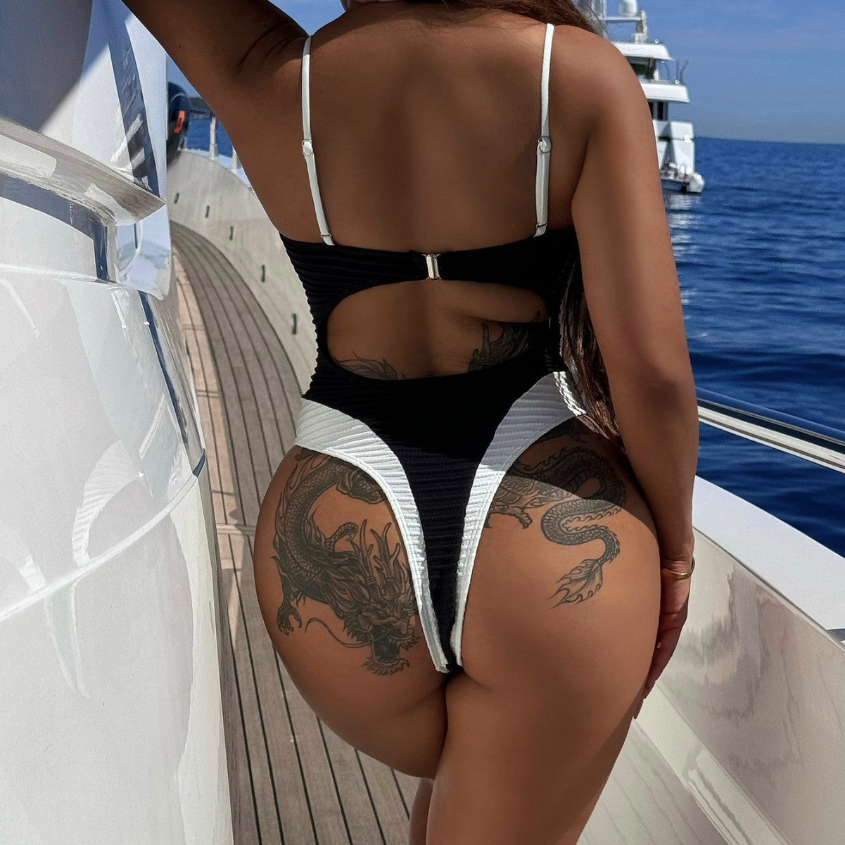 Badeanzug Neckholder Einteiler Farbkontrast Sexy Urlaub Bikini