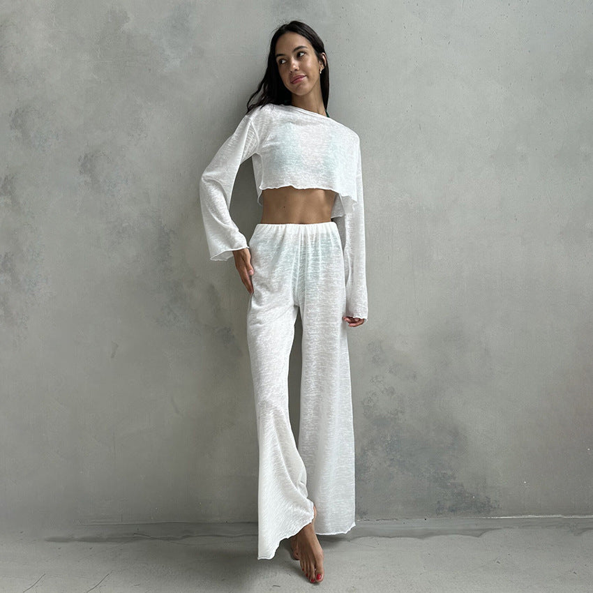 Ensemble de pyjama deux pièces en tricot blanc d'automne, col rond, manches longues, pantalon ample et confortable pour femme