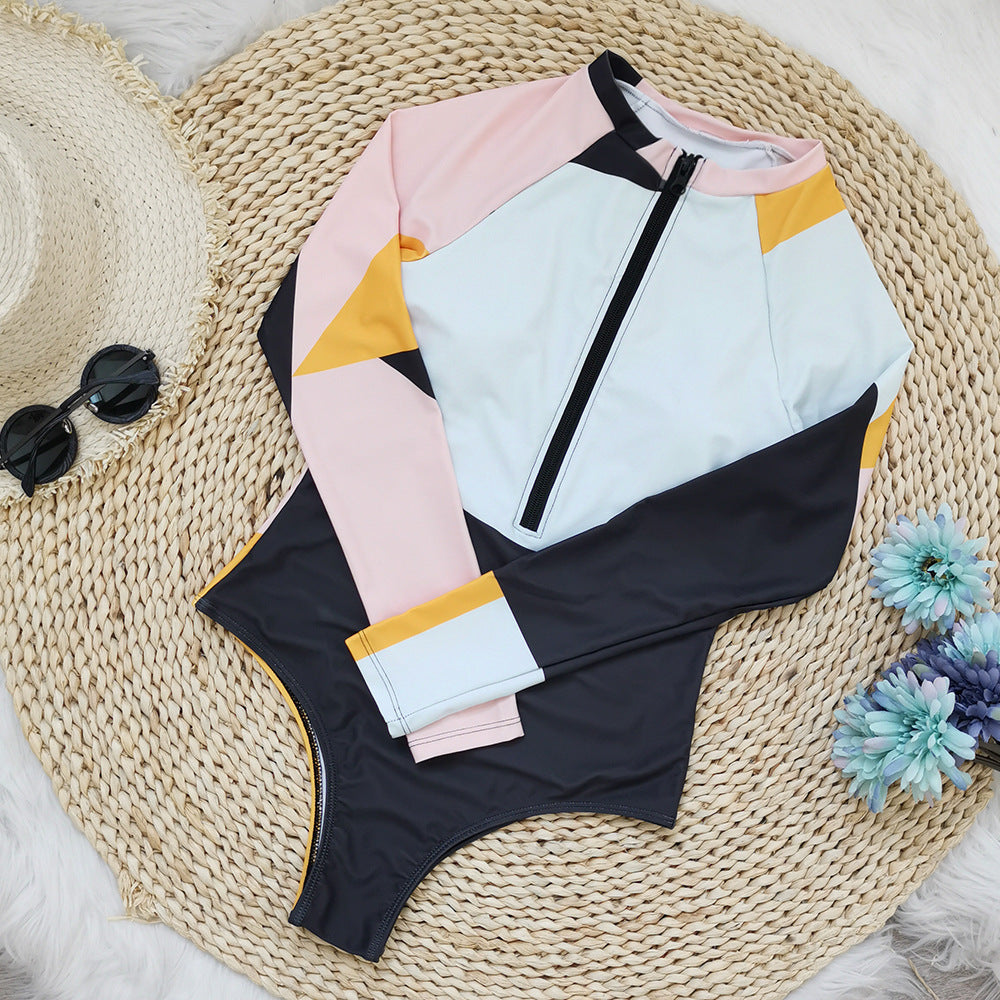 Maillot de bain une pièce à manches longues pour femme, combinaison de surf intégrée à fermeture éclair en mosaïque multicolore