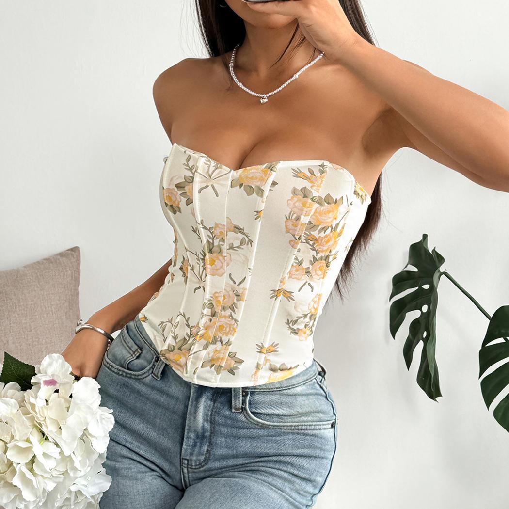 Gilet Corset à La Poitrine Enveloppée De Fleurs, Sans Dos, Décolleté Et Bas, Avec Armature En Losange Et À La Taille