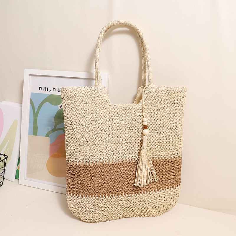 Sac à bandoulière en paille tressée bicolore avec pompon, sac décontracté pour femme, sac de plage