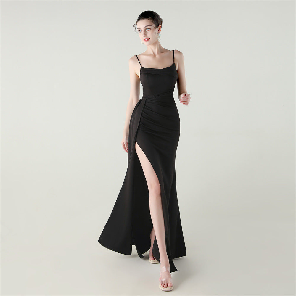 Trägertop Satin-Faltenrock Fishtail-Kleid mit hohem Schlitz Elegantes schmales Kleid für Dinner-Zeremonien
