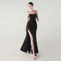 Trägertop Satin-Faltenrock Fishtail-Kleid mit hohem Schlitz Elegantes schmales Kleid für Dinner-Zeremonien