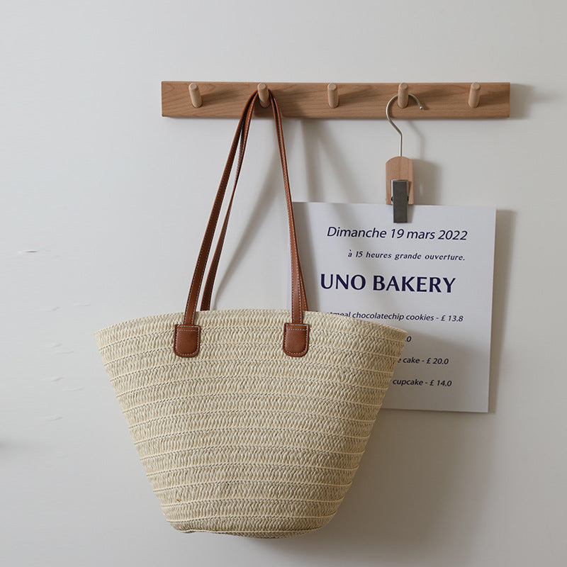Sac à bandoulière en paille simple grande capacité, sac en paille tissé, sac fourre-tout, sac de plage pour femme pour les vacances à la mer