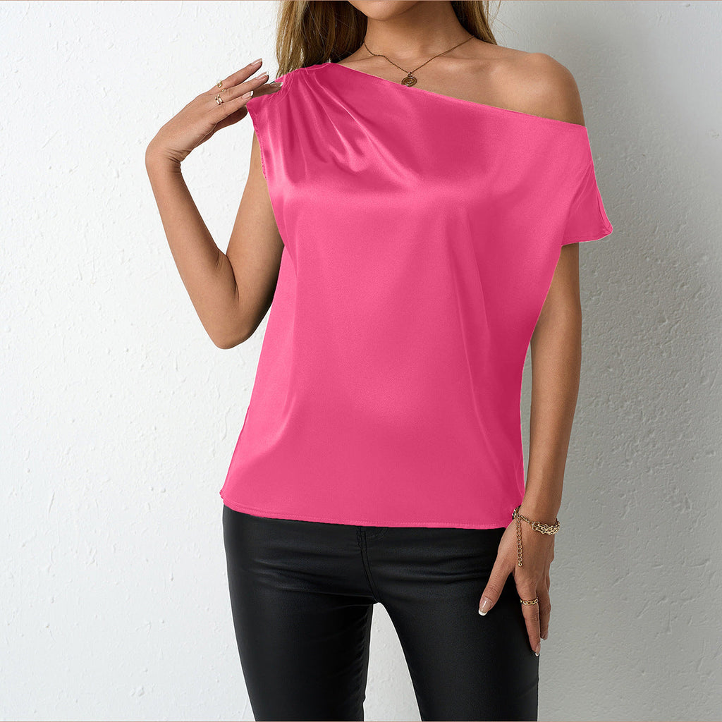 Vêtement féminin Printemps-Été Chemise en satin Soie artificielle Haut asymétrique irrégulier épaules dénudées sans manches