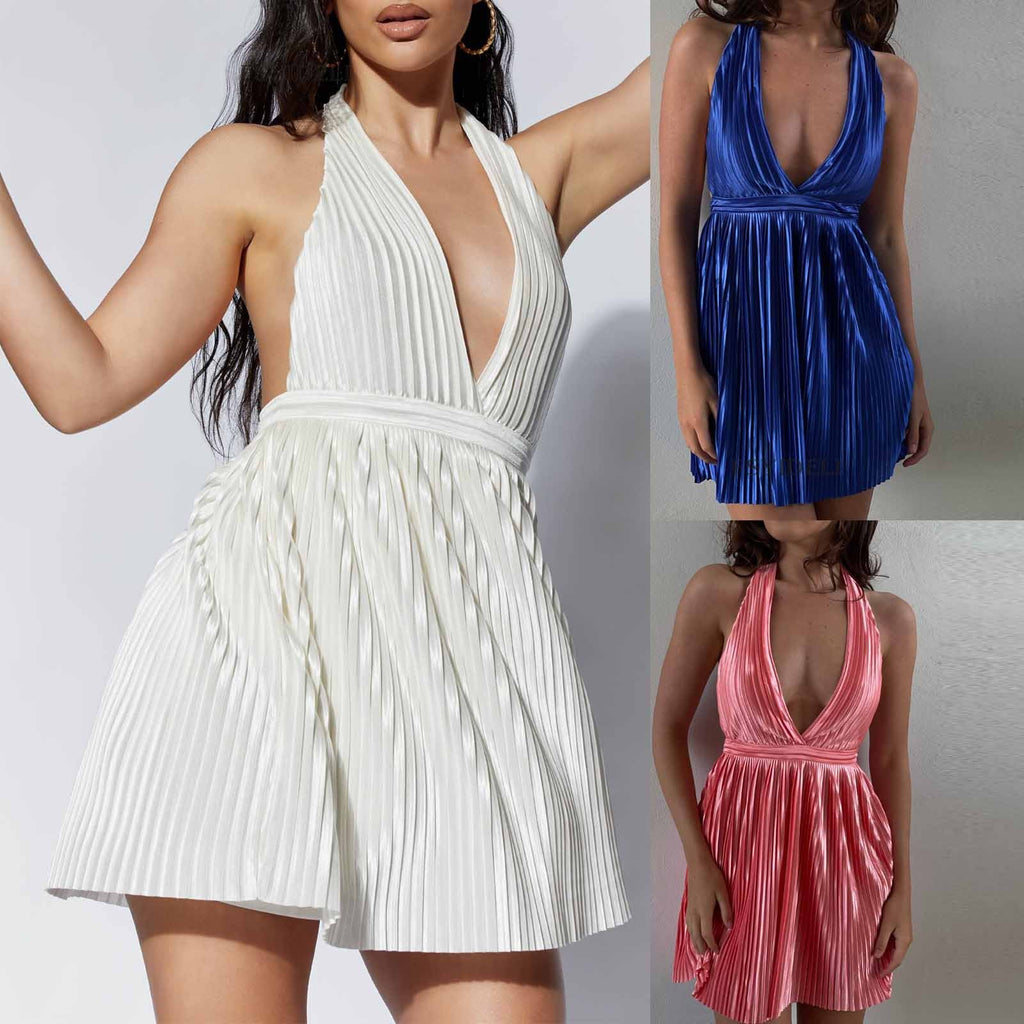 Sommerfarbenes ärmelloses Neckholder-Kleid Damen Sexy Rückenfreies Plissiertes V-Ausschnitt Kurzes Kleid Damen