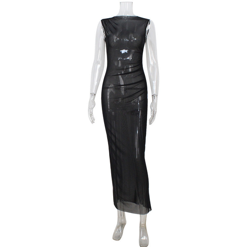 Robe élégante en maille transparente sans manches ajustée sexy avec surjupe longue pour femme