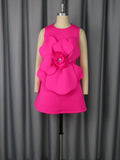 Ärmelloses Kleid mit Rundhalsausschnitt, dreidimensionalen Blumenapplikationen, A-Linie, schmal geschnitten, für gesellschaftliche Anlässe und Abendpartys