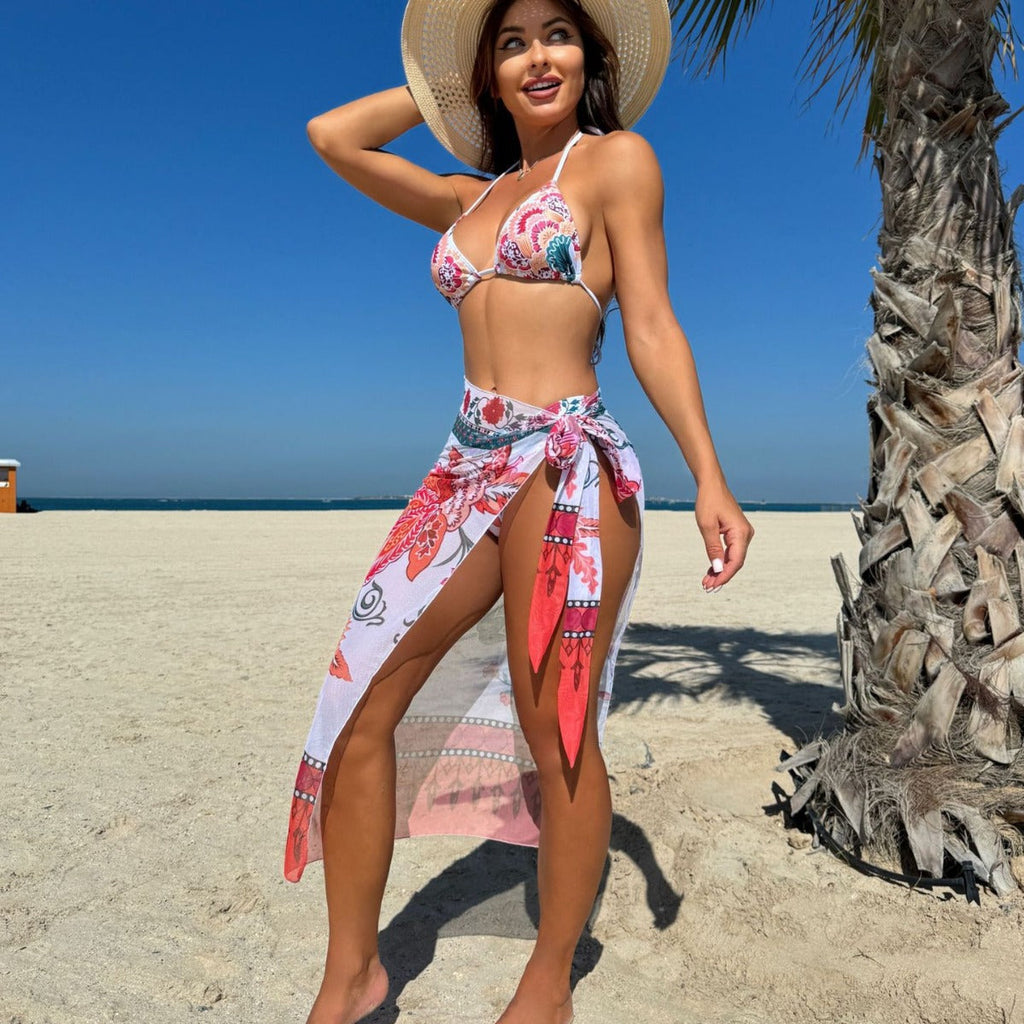 Dreiteiliges Set mit Blumenmuster, personalisiertes Mesh-Dreiteiler-Set, Bademode, Badeanzug, Bikini
