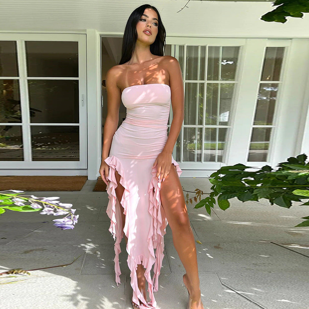 Damen Kleidung Sommer Ausgeschnittenes Oberteil Kurzes Wellen-Spitzen-Bandeau Sexy Kleid