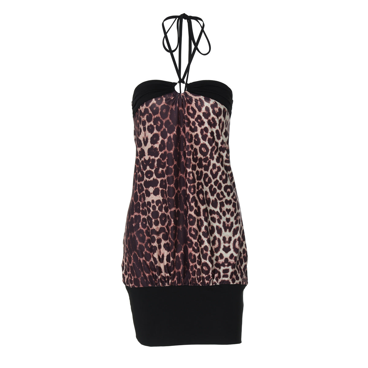 Damenbekleidung Sommer Spitzen-Neckholder Leopard Patchwork Kurzes Sexy Etuikleid