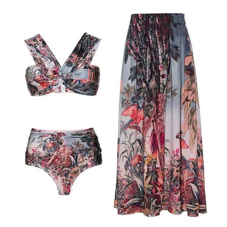 Urlaub Strandkleid Badeanzug Damen Retro Bedruckt Frühling Badeanzug Dreiteiliger Anzug