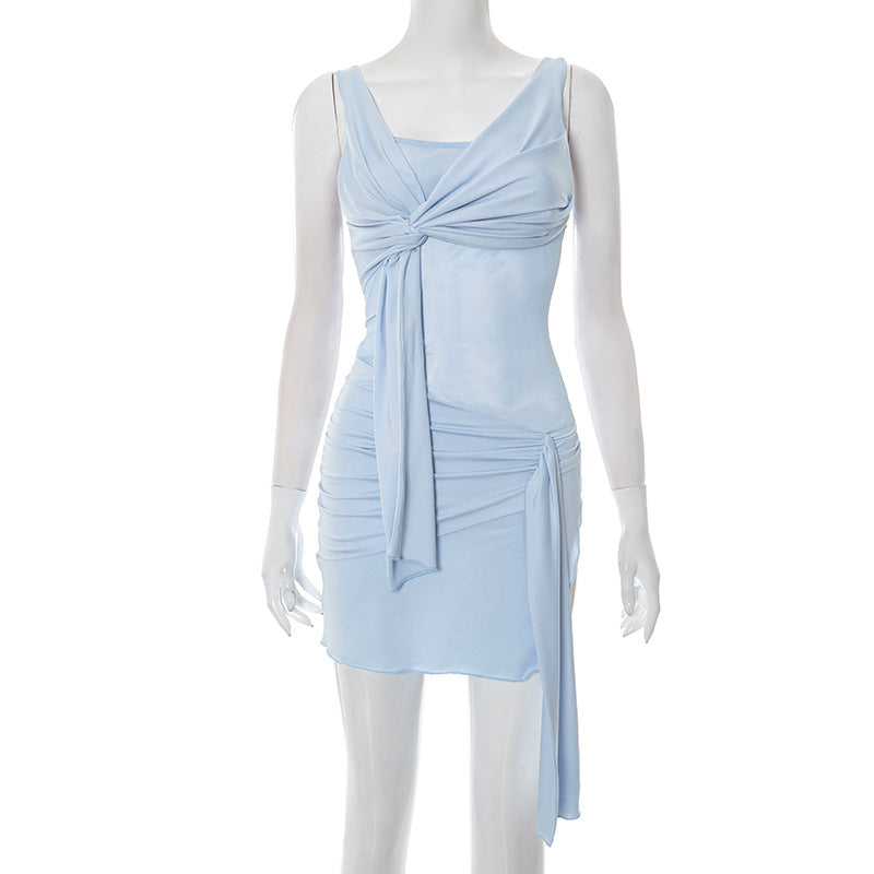 Robe Courte Plissée Sexy Unie à Nœud pour Femme Été