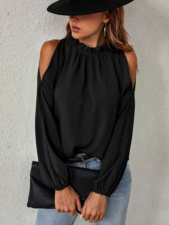 Automne Hiver Femme Couleur Unie Col Rond Manches Longues Plissées Épaule Dénudée Blouse