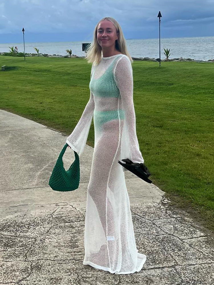 Gestricktes Hollow Out Cutout Durchsichtiges Rückenfreies Kleid Sexy Zwei-Wege-Kleid für den Strandurlaub als Sonnenschutz für Damen
