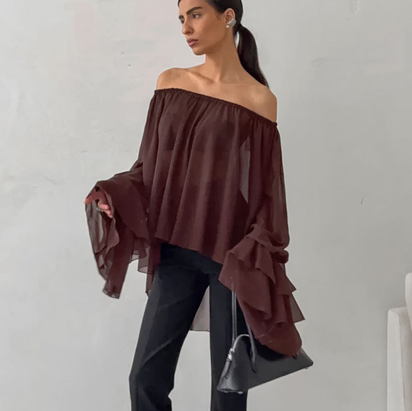 Herbst Winter Retro Elegant U-Boot-Ausschnitt Braun Chiffon Lockere Sexye Off-Shoulder-Oberteil Rüschenbluse