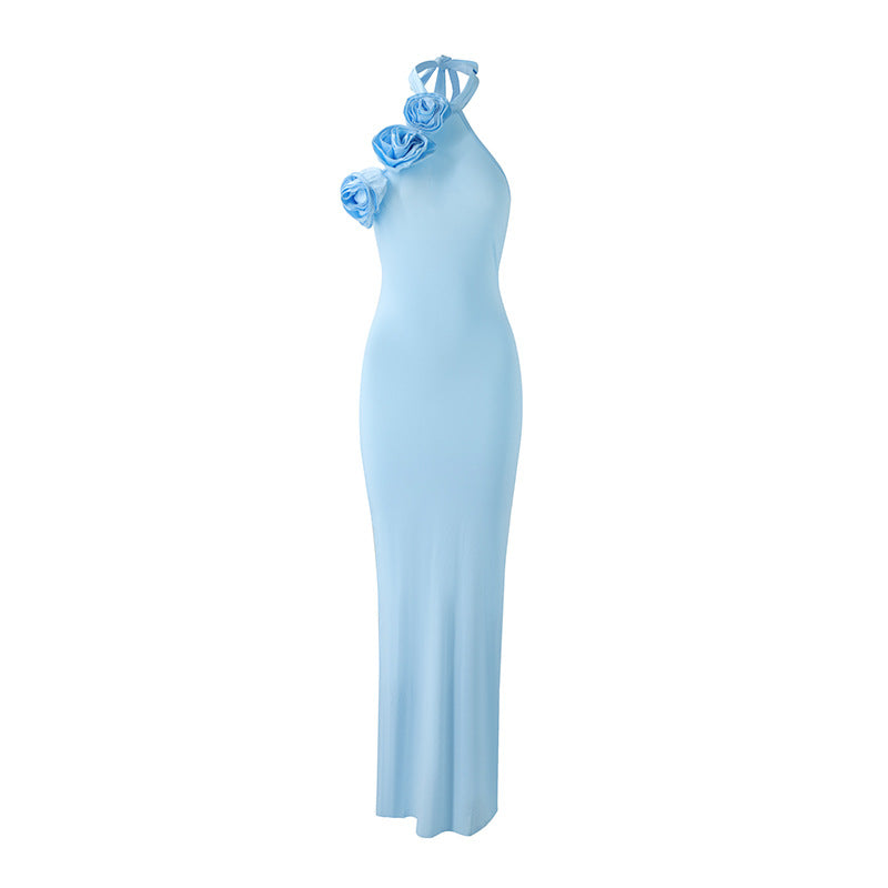 Damenbekleidung Dreidimensionales Geblümtes Sexy Neckholder Rückenfreies Schlitzkleid