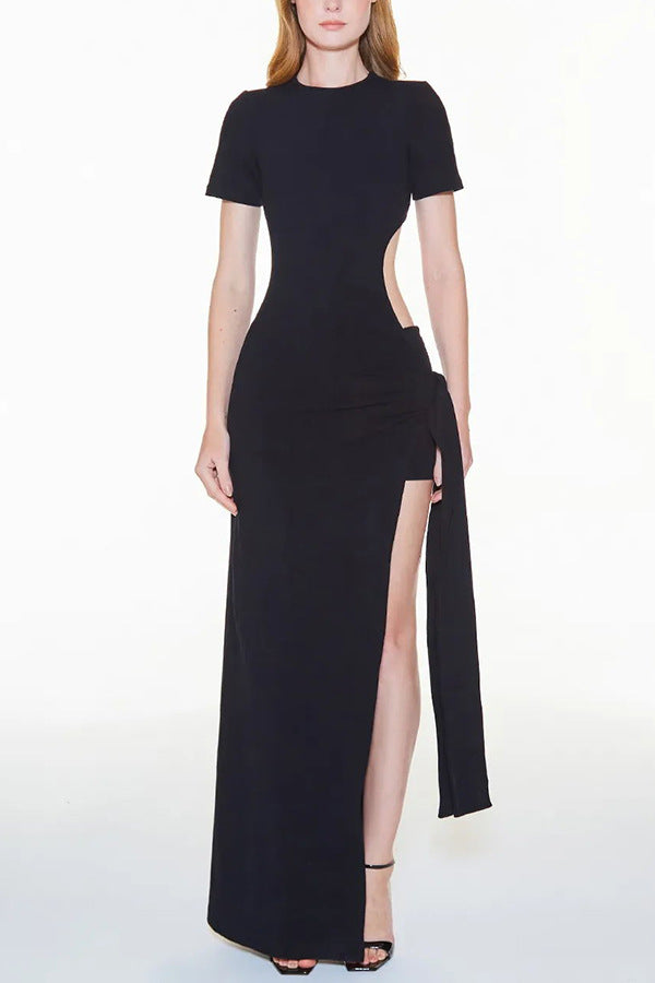 Frühling Sommer Rückenfreies Schnür-Kleid, schmal geschnitten, sexy Schlitz, einfarbig, Street Dress