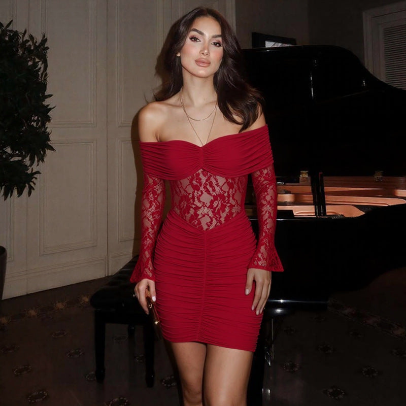 Sexy Tube-Top Ärmel Nähte Spitze Transparenter Rüschen-Minikleid