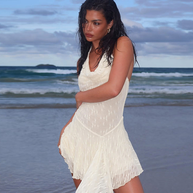 Robe courte dos nu sexy avec dentelle pour femme, idéale pour les vacances