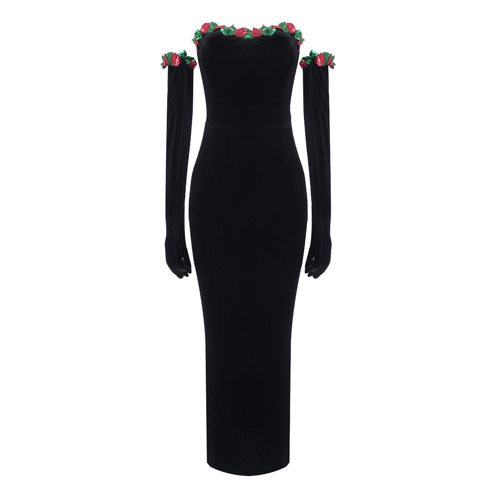 Frühling Sommer Blumen Pailletten Spitze Verzierung Samtkleid Damenbekleidung Kleid mit Handschuhen