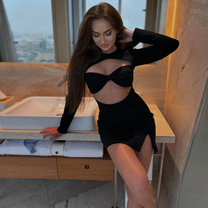 Sexy Damen Bekleidung Bandeau-Top Aushöhlung Ausgeschnitten Langarmkleid Schlankes Etui-Kleid Damen