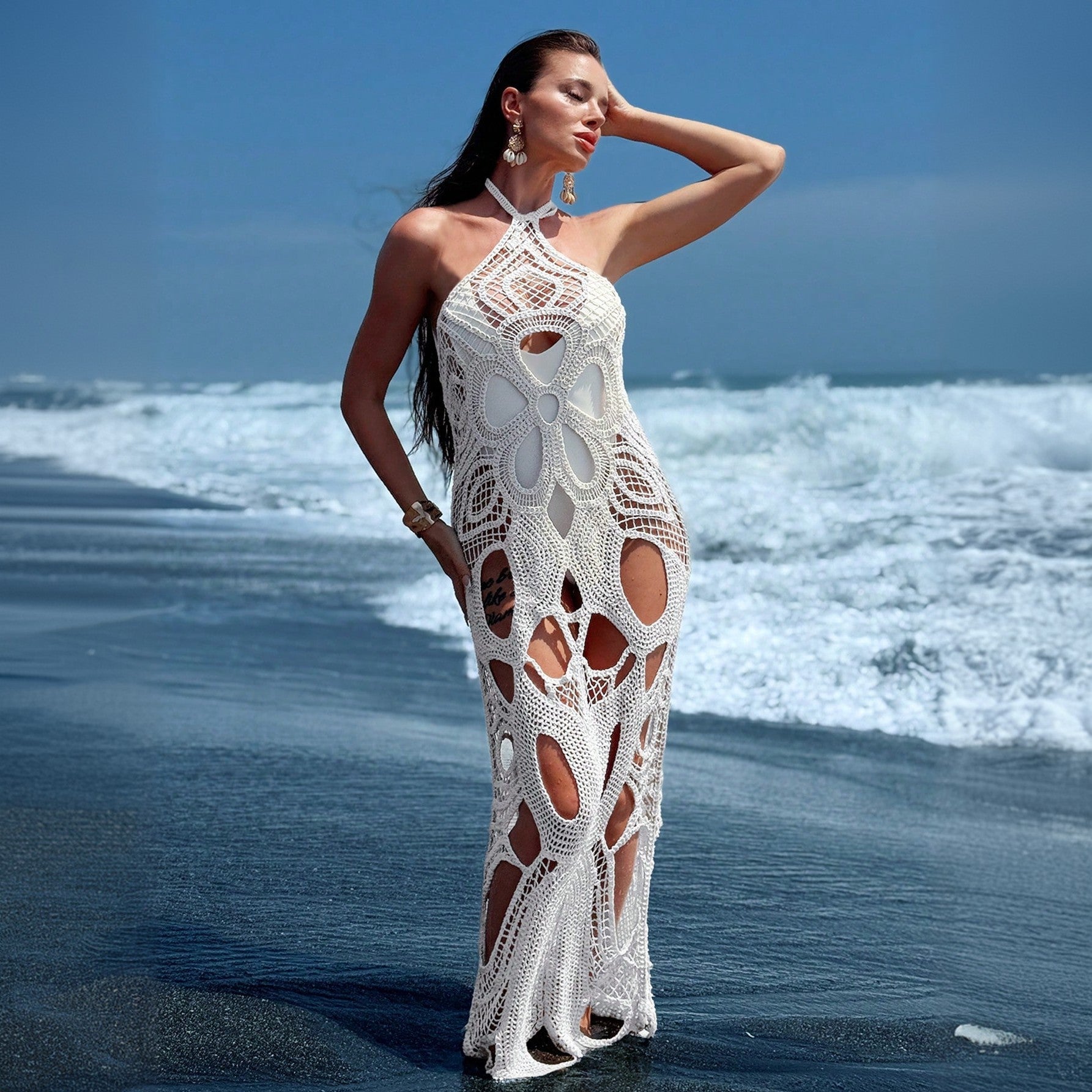 Einfarbig Sexy Cutout Neckholder Strand Vertuschung Bikini Badeanzug Strandkleid Damen