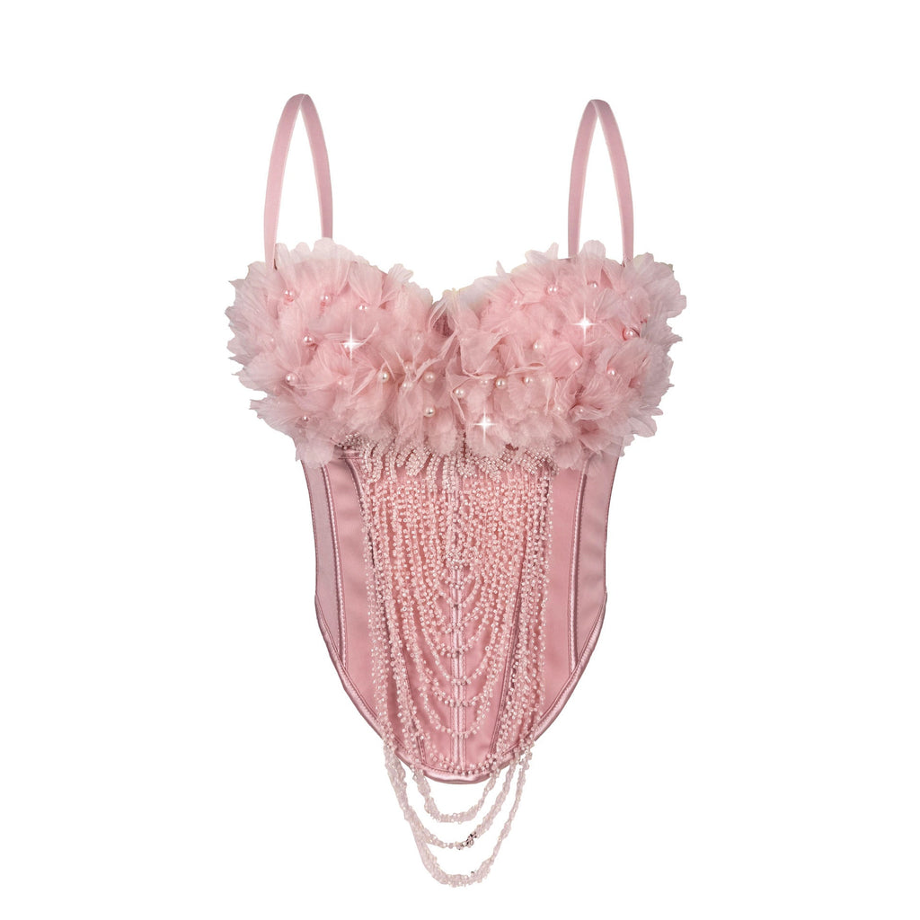 Arrivée Gilet à bretelles à pompons floraux fait main, caraco tube dos nu sexy, vêtement d'extérieur, corset baleiné, corset modelant le corps.