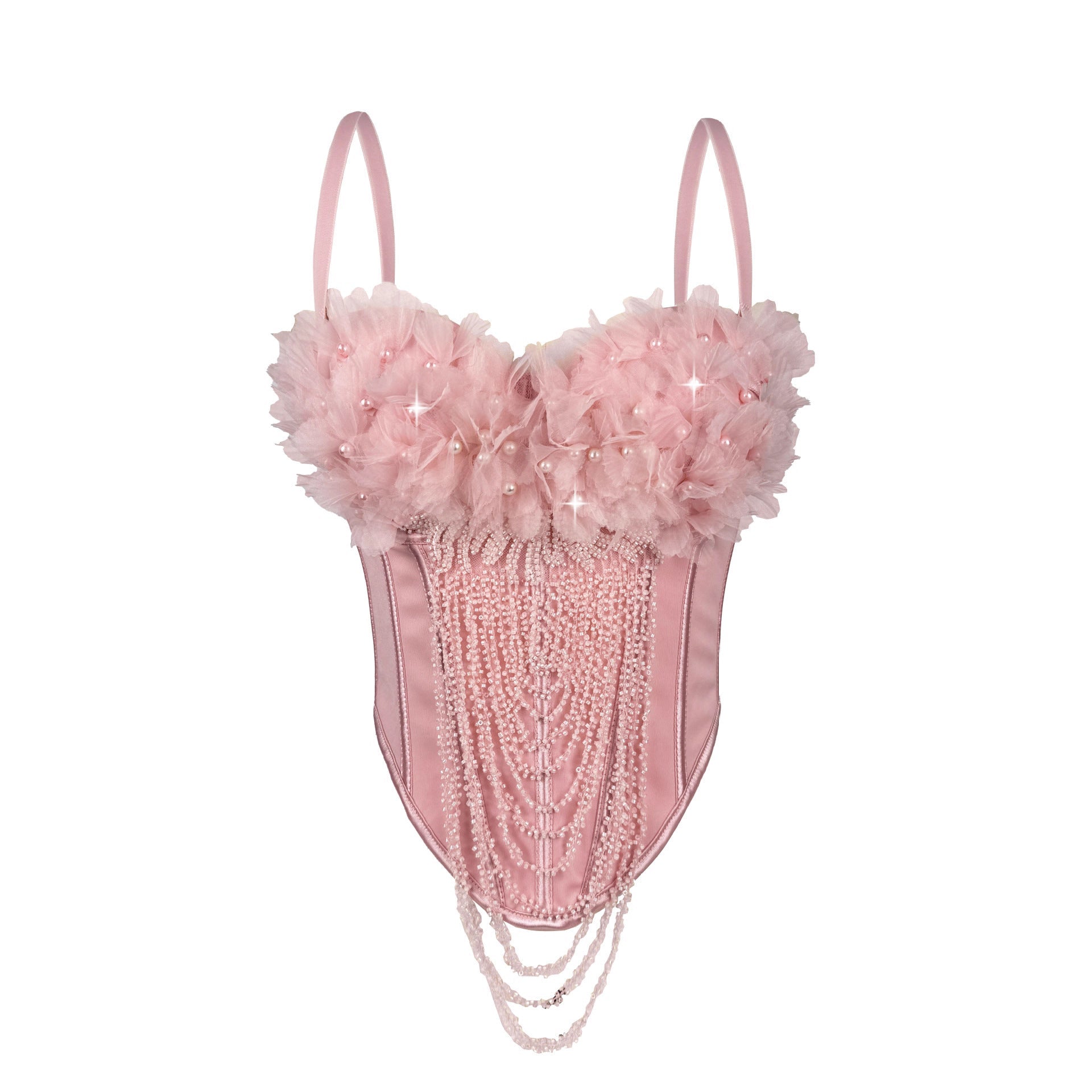 Arrivée Gilet à bretelles à pompons floraux fait main, caraco tube dos nu sexy, vêtement d'extérieur, corset baleiné, corset modelant le corps.