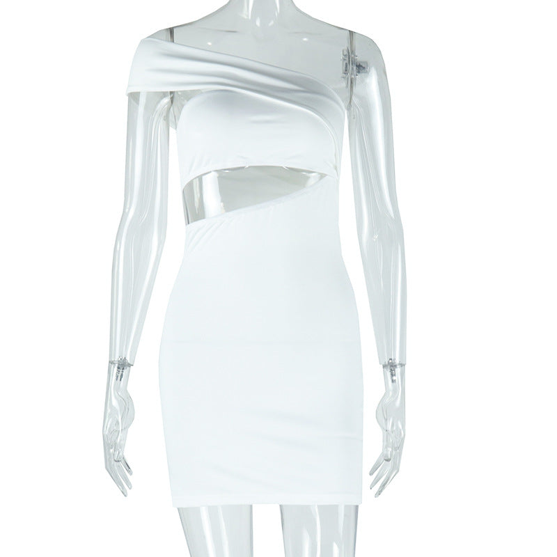 Robe unie pour femme, col diagonal sexy, épaules dénudées, sans manches, robe moulante