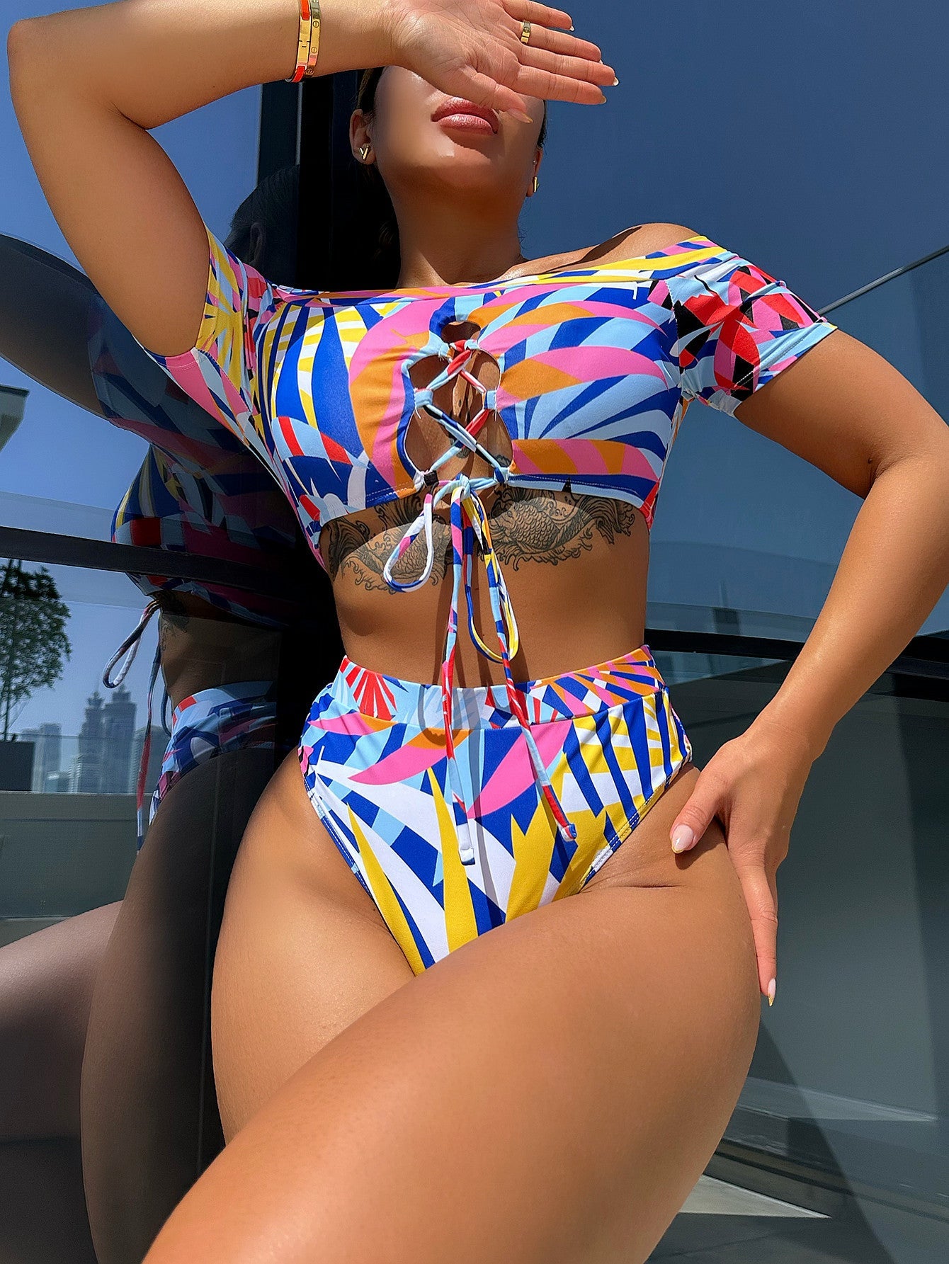 Bikini imprimé étranger Maillot de bain Bikini Maillot de bain Femme Maillot de bain Fission Crisscross