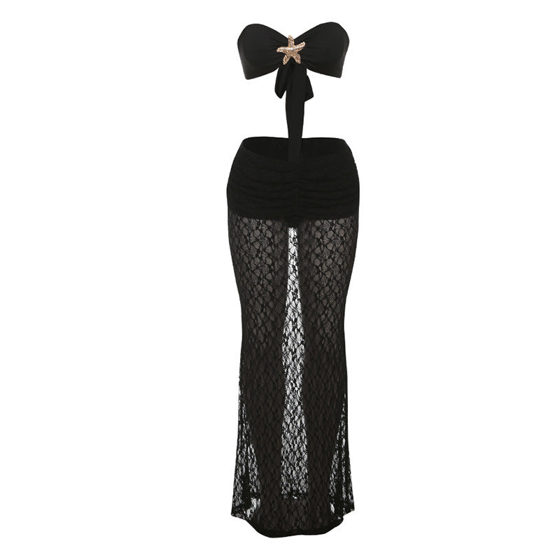 Sommer Damenbekleidung Einfarbig Sexy Schnür-Tube-Top Spitzen-Maxirock Zweiteiler Set für Damen