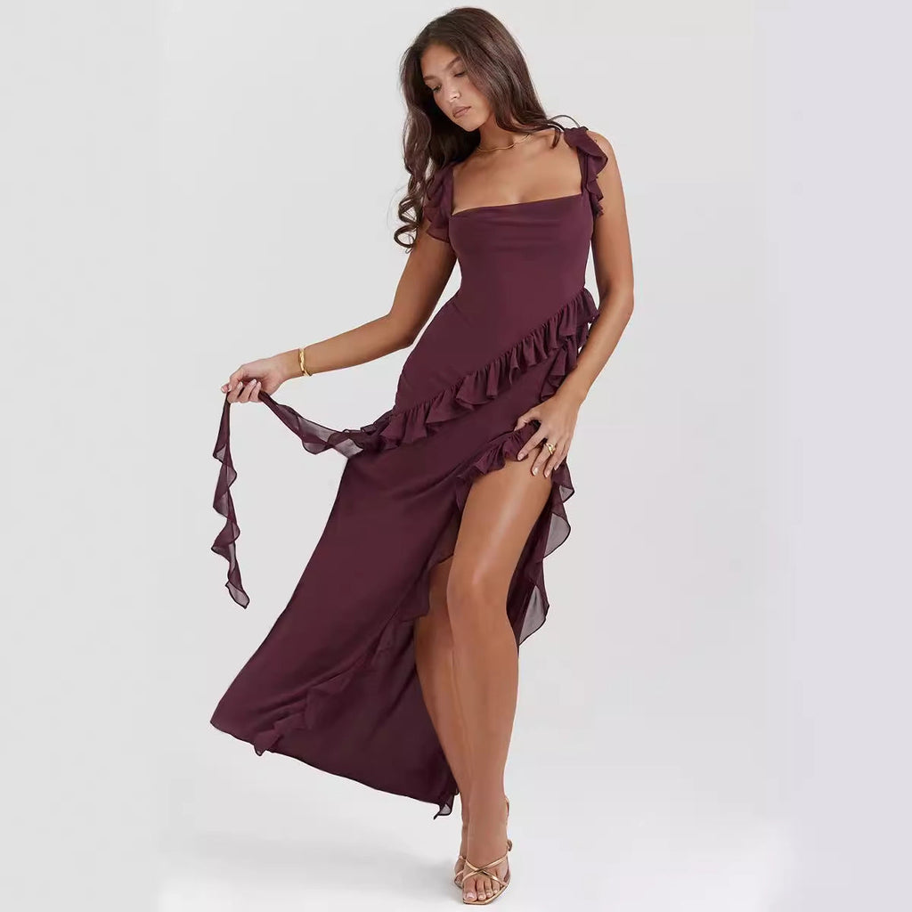 Robe d'été fendue sexy à imprimé avec bretelles françaises et bords en bois